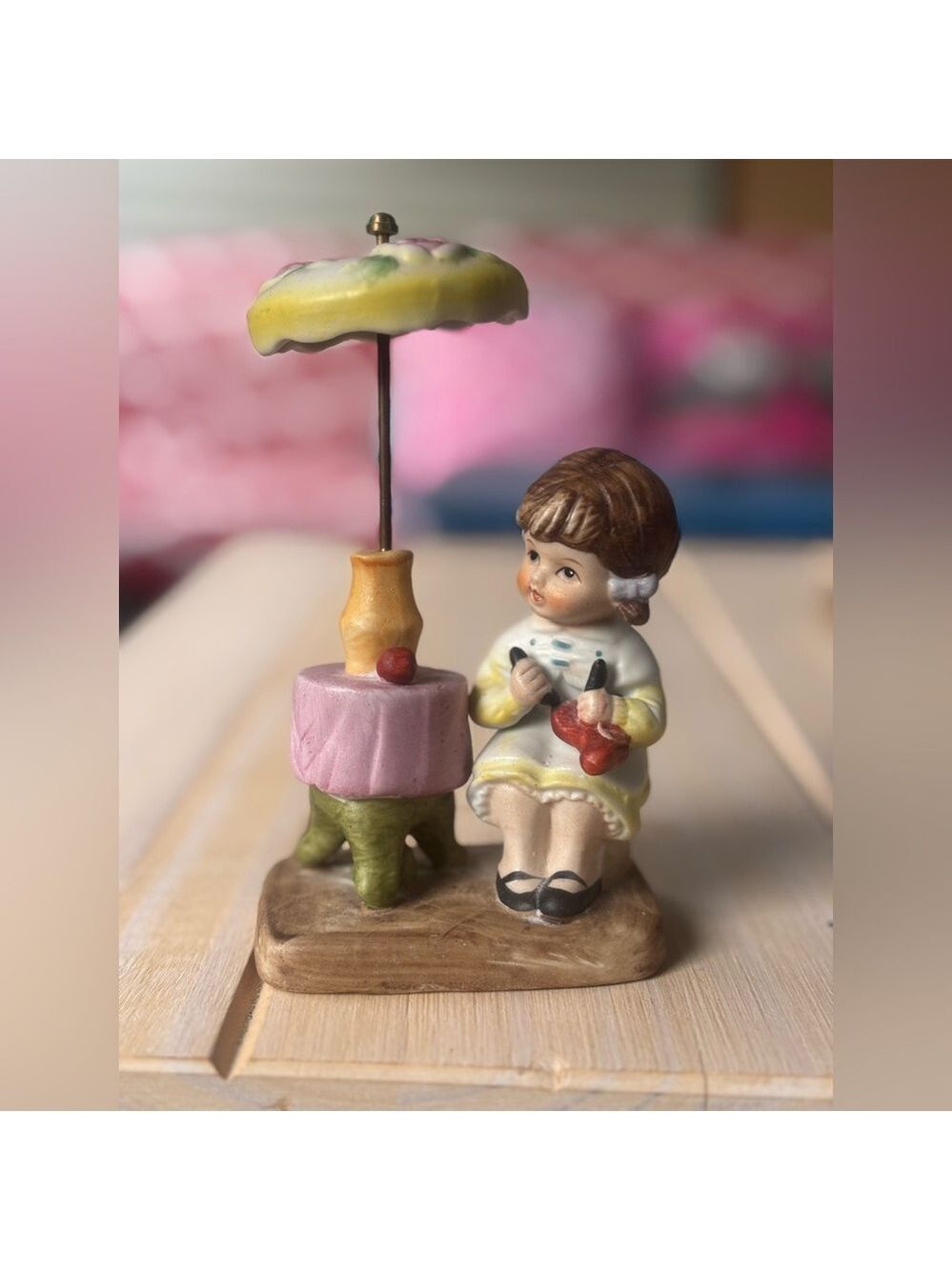 1950s Ceramic Girl Figurine Knitting w/ Removable Umbrella Hand-Painted Decor
